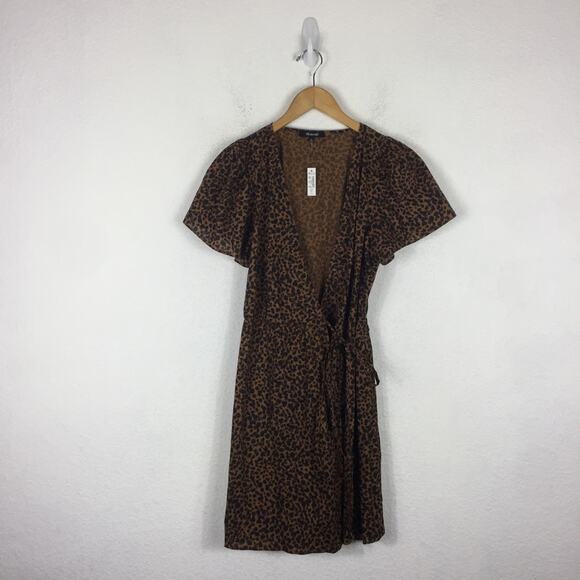NWT Madewell Flutter-Sleeve Wrap Mini Dress in Painted Leopard Medium - Picture 3 of 15
